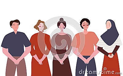 Group young people men women feels sorry holding hand unhappy expression with flat cartoon style. Vector Illustration