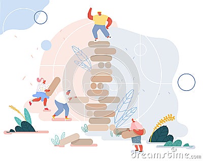 Group of Young People Playing Team Game Building Huge Tower of Wooden Blocks. Friends Company Recreation Vector Illustration