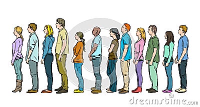a group of young people queue up for their turn. illustration. Cartoon Illustration