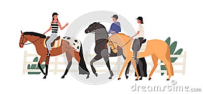 Group of young people riding horse at racecourse. Couple at equestrian school with instructor. Scene of horseriding or Vector Illustration