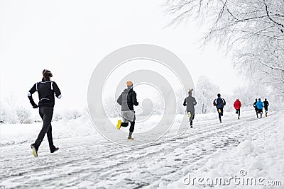 Group young people running together snowy trail in winter Park. rear view Editorial Stock Photo