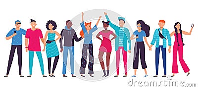 Group of young people. Teenagers team, happy teenager with friends and student person lifestyle flat vector illustration Vector Illustration