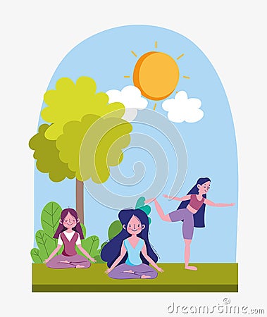 Group young people training yoga pose stretching cartoon Vector Illustration