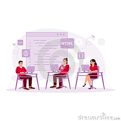 A group of young programmers sitting and working together on computers in the office. Programmers concept. Vector Illustration