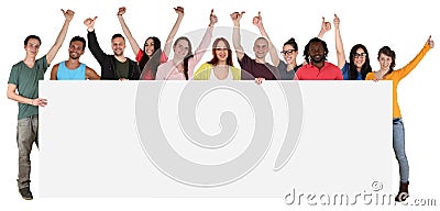 Group of young smiling multi ethnic people holding empty banner Stock Photo