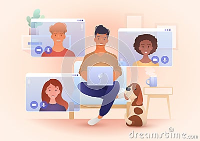 A group for young smiling people video call in their own living rooms. Online friends meeting, Work from Home concept Vector Illustration