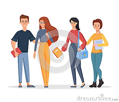 Group of young students holding bags and books. Vector character illustration in a cartoon style on a white background Vector Illustration