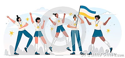 Group of young winner sporty women with champion gold medal. Happy athlete female friends after championship. Diverse Vector Illustration