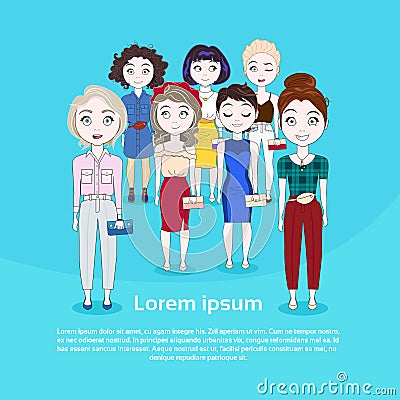 Group Of Young Woman Cute Girls Full Length On Background With Copy Space Vector Illustration
