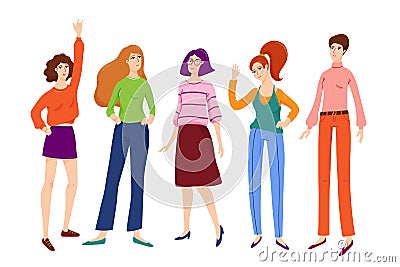 Group of young women, girls standing and smiling Vector Illustration