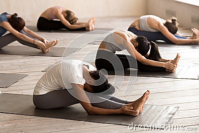 Group of young women practicing yoga, paschimottanasana exercise Stock Photo