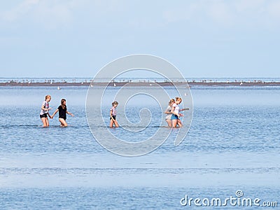 Group of youngsters wading in shallow water near sand flat at lo Editorial Stock Photo
