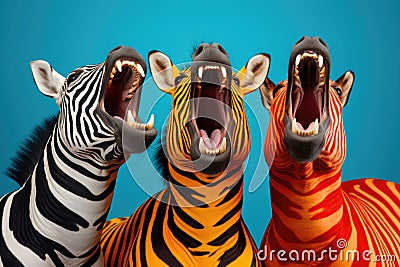 A group of zebras standing next to each other Stock Photo