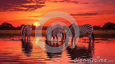 a group of zebras standing in the water at sunset. generative ai Stock Photo