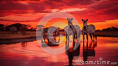 a group of zebras standing in the water at sunset. generative ai Stock Photo