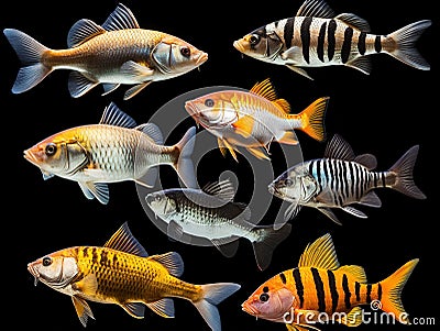 Groupd of Tiger barb or Sumatra barb Puntius tetrazona tropical aquarium fish isolated Cartoon Illustration
