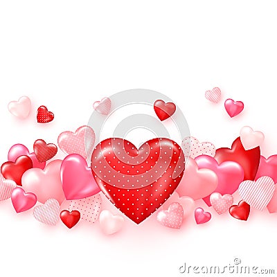 Groupe of glossy red hearts. Bright Valentine`s day background. Vector Vector Illustration