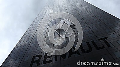 Groupe Renault logo on a skyscraper facade reflecting clouds. Editorial 3D rendering Editorial Stock Photo