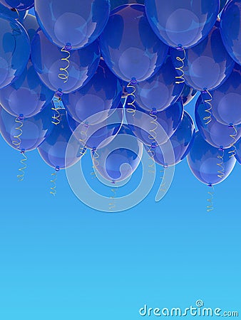 Grouped blue helium balloons with ribbons on blue sky Stock Photo