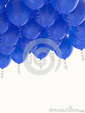 Grouped blue helium balloons with ribbons on white Stock Photo