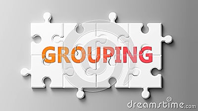 Grouping complex like a puzzle - pictured as word Grouping on a puzzle pieces to show that Grouping can be difficult and needs Cartoon Illustration