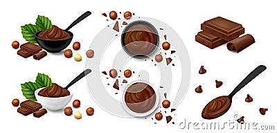 Hazelnut cocoa spread in black or white bowl with chocolate pieces, filbert kernels, leaves, spoon and chips Vector Illustration