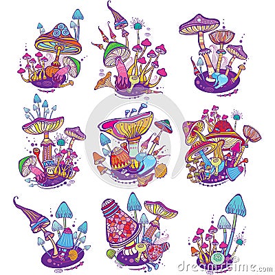 Groups of decorative mushrooms Vector Illustration