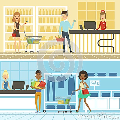 Groups of funny and happy people make shopping in supermarket. Vector horizontal banners Vector Illustration