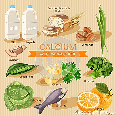 Groups of healthy fruit, vegetables, meat, fish and dairy products containing specific vitamins. Calcium.Groups of healthy fruit, Vector Illustration
