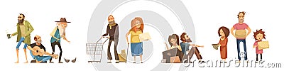 Groups Of Homeless people Set Vector Illustration