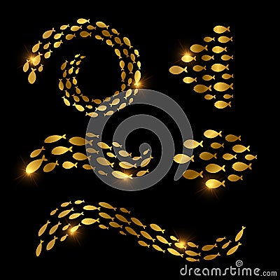 Groups of swimming fishes isolated vector set. Golden fishes on black background Vector Illustration