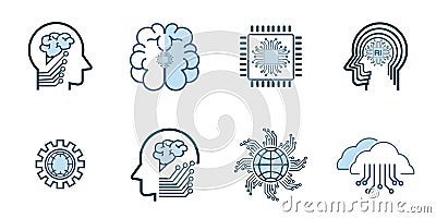 Groups of technology icon set, such as robot, digital, vr, ai, cyber Artificial Intelligence groups Related Vector Line Icons. Stock Photo