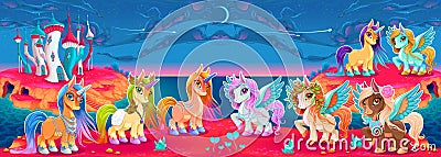 Groups of unicorns and pegasus in a fantasy landscape Vector Illustration