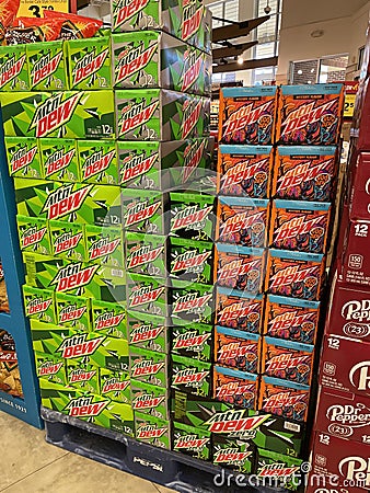 Grocery store Dr Pepper and MTN Dew display close up Editorial Stock Photo
