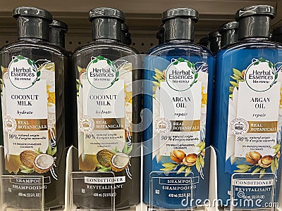 Hair care products on Retail store shelves Herbal Essences Coconut milk Editorial Stock Photo