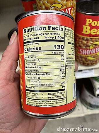 Retail grocery store Showboat pork and beans nutritional label Editorial Stock Photo