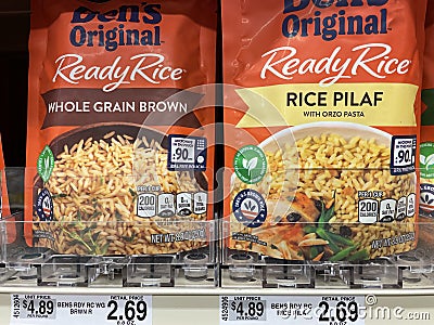 Retail store Ben`s Original rice Pilaf and Whole grain price tags Editorial Stock Photo