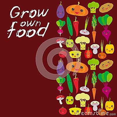 Grow own food. Kawaii vegetables bell peppers pumpkin beets carrots eggplant red hot peppers cauliflower broccoli potatoes Vector Illustration