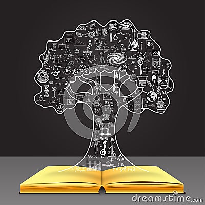 Grow your knowledge concept. Education doodles in the tree shape on open book. Vector Illustration