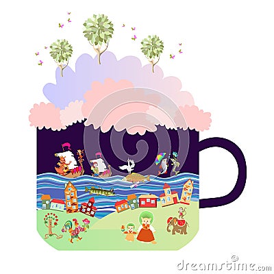 Grow your tale. Creative cup with fantasy land. Vector Illustration