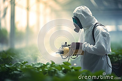 Grower using fogging equipment for insecticide application in a greenhouse, Controlled environment of a greenhouse Stock Photo