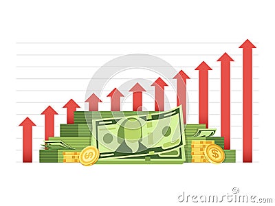 Growing business chart with pile of money cash financial vector concept Vector Illustration