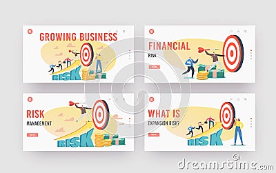 Growing Business, High Risk Project Landing Page Template Set. Tiny Characters Throw Huge Darts to Target, Achieve Goal Vector Illustration