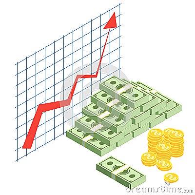 Growing cash graph. Finance literacy isometric concept. Bank development economics strategy. Cash with red rising graph Vector Illustration