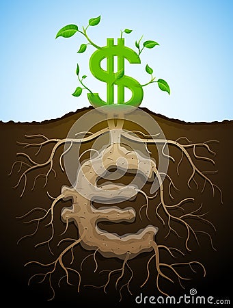 Growing dollar sign like plant with leaves and euro like roots Vector Illustration