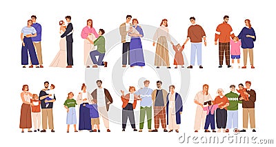 Growing family life stages concept. Love couple relationship development, marriage, pregnancy, becoming parents, mother Vector Illustration