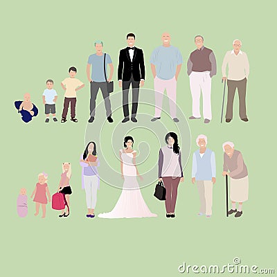 Growing generation male and female, from baby to senior Vector Illustration