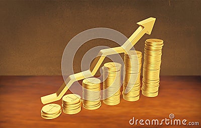 Growing gold coins on the desk Stock Photo