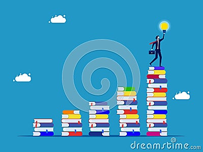 Growing knowledge or learning hierarchy. Businessman holding a light bulb on a growing pile of books Vector Illustration