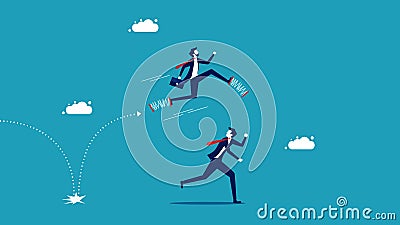 Growing by leaps and bounds over competitors. Businessman runs far with springs and wins over competitors Vector Illustration